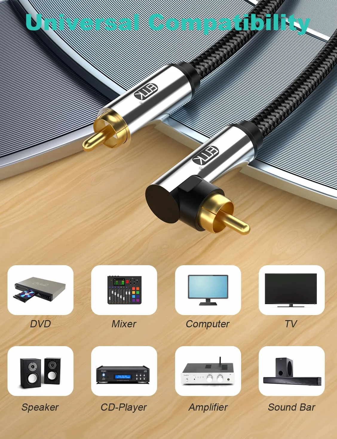 EMK Kabel subwoofera 90 stopni, RCA męski na męski, cyfrowy koncentryczny kabel audio do telewizora, odtwarzacza DVD, konsoli do gier, projektora, głośnika (2 m)