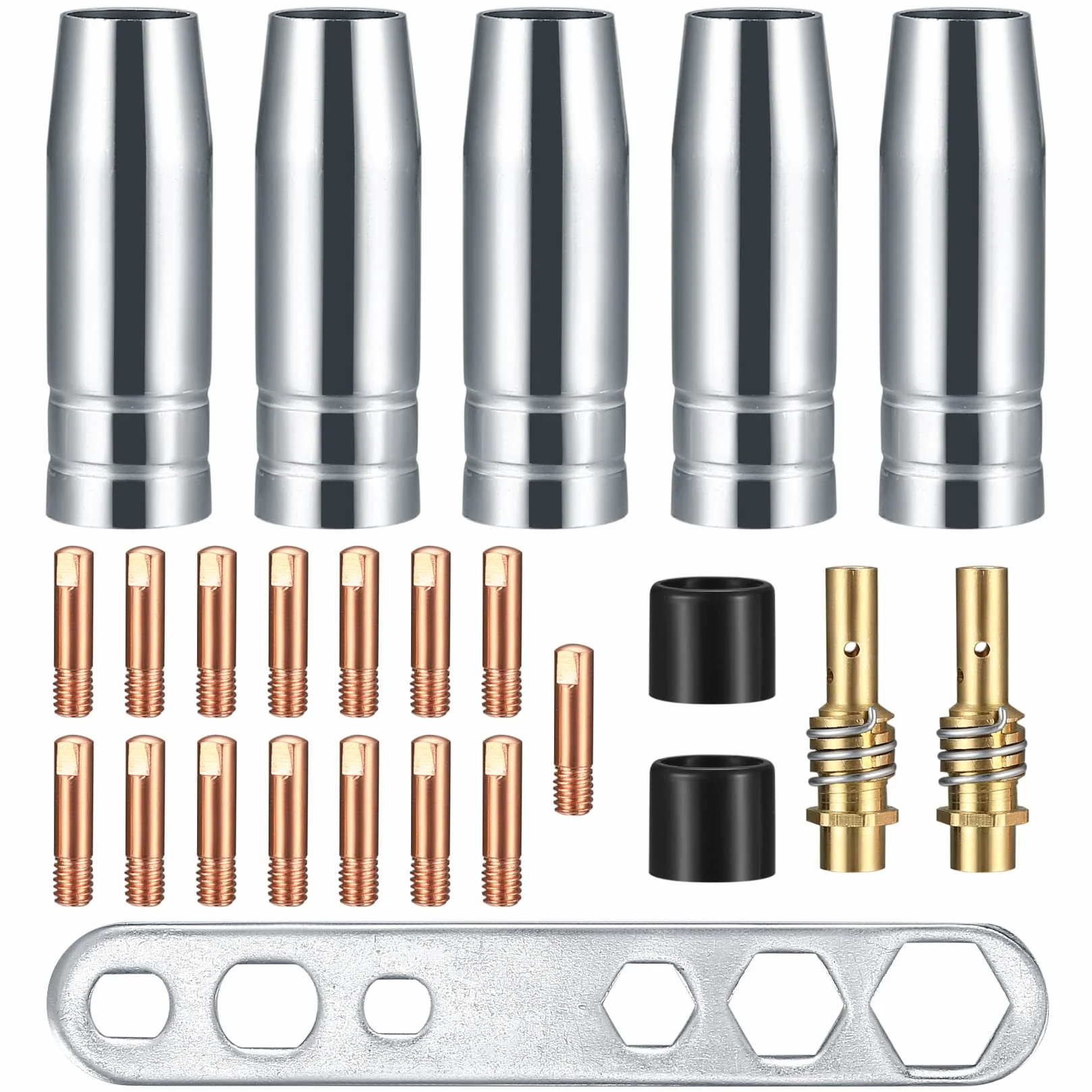 25-elementowy zestaw części eksploatacyjnych, akcesoria do spawania MIG/MAG, zgodne z AK-15/MB-15, 5 x dysze gazowe, 15 x dysze zasilające M6 0,8 mm, 2 x uchwyt dyszy, 2 x izolatory, 1 x klucz