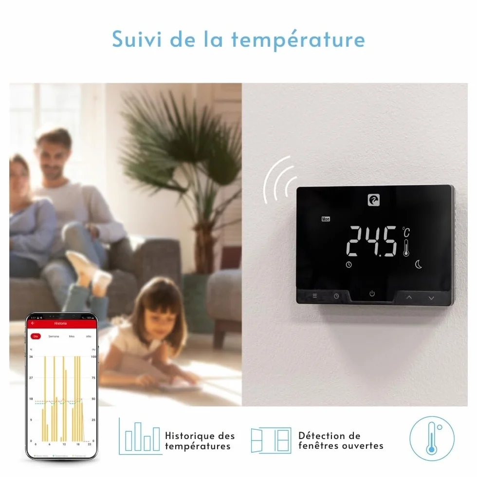 Garza Inteligentny bezprzewodowy termostat bezprzewodowy do kotła i ogrzewania, programowalny, ekran dotykowy, Wi-Fi 2,4 GHz, Alexa/Google, pilot głosowy z aplikacją, czarny