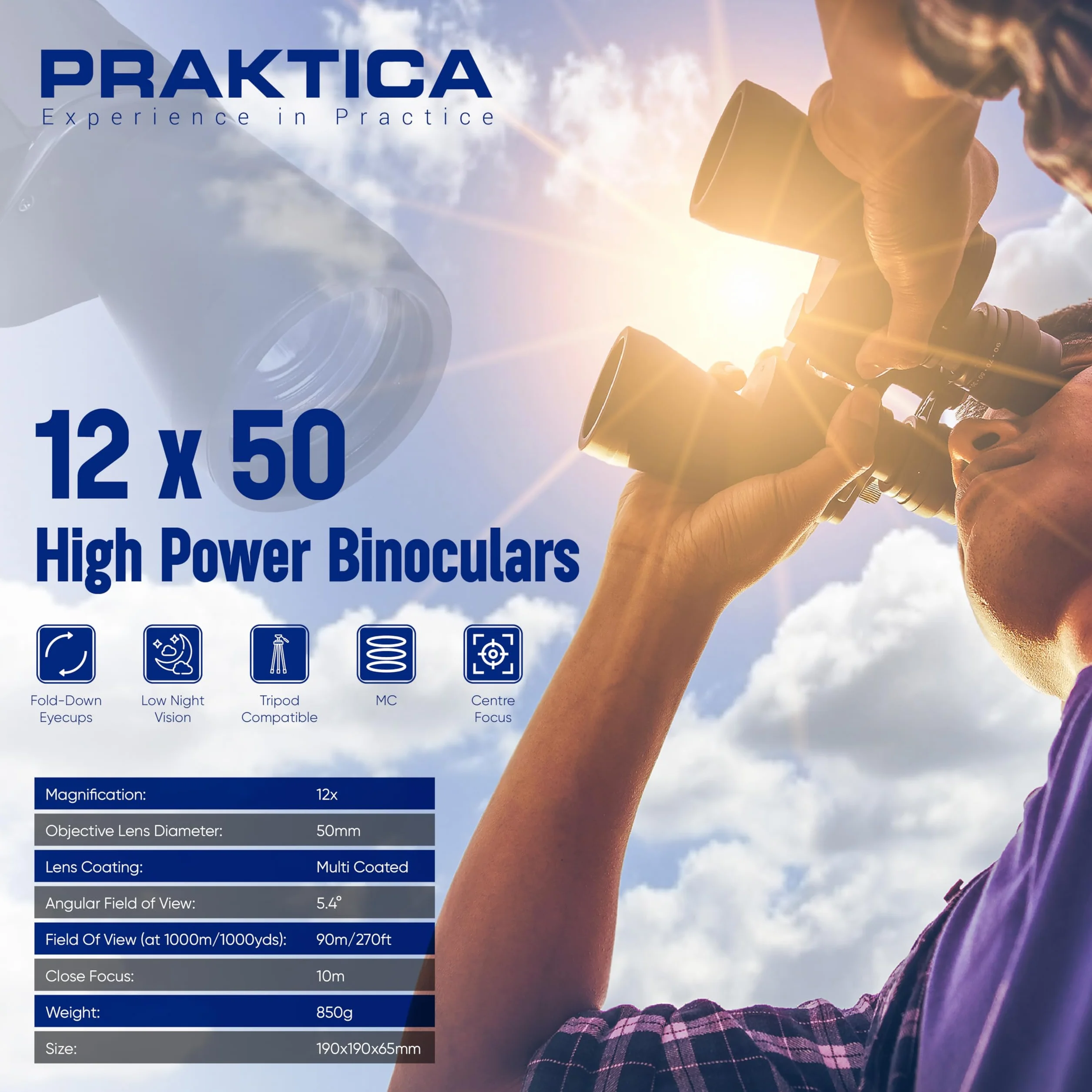 Praktica Falcon 12x50 mm czarna lornetka Porro Prism Field z soczewkami wielowarstwowymi