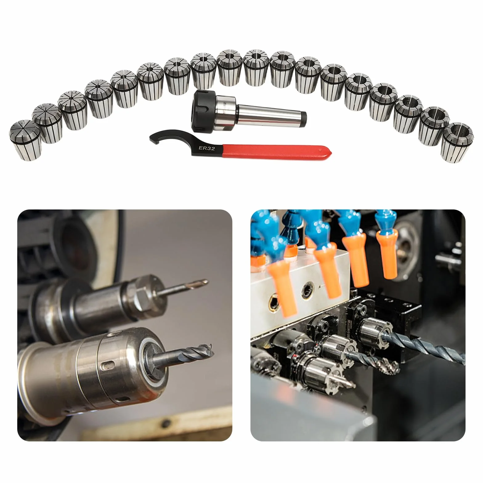 Zestaw 18 tulejek zaciskowych ER32 MT3, stal sprężynowa do narzędzi CNC, do mocowania wierteł, frezów, nacinaków, rozwiertaków, grawerowania i frezowania