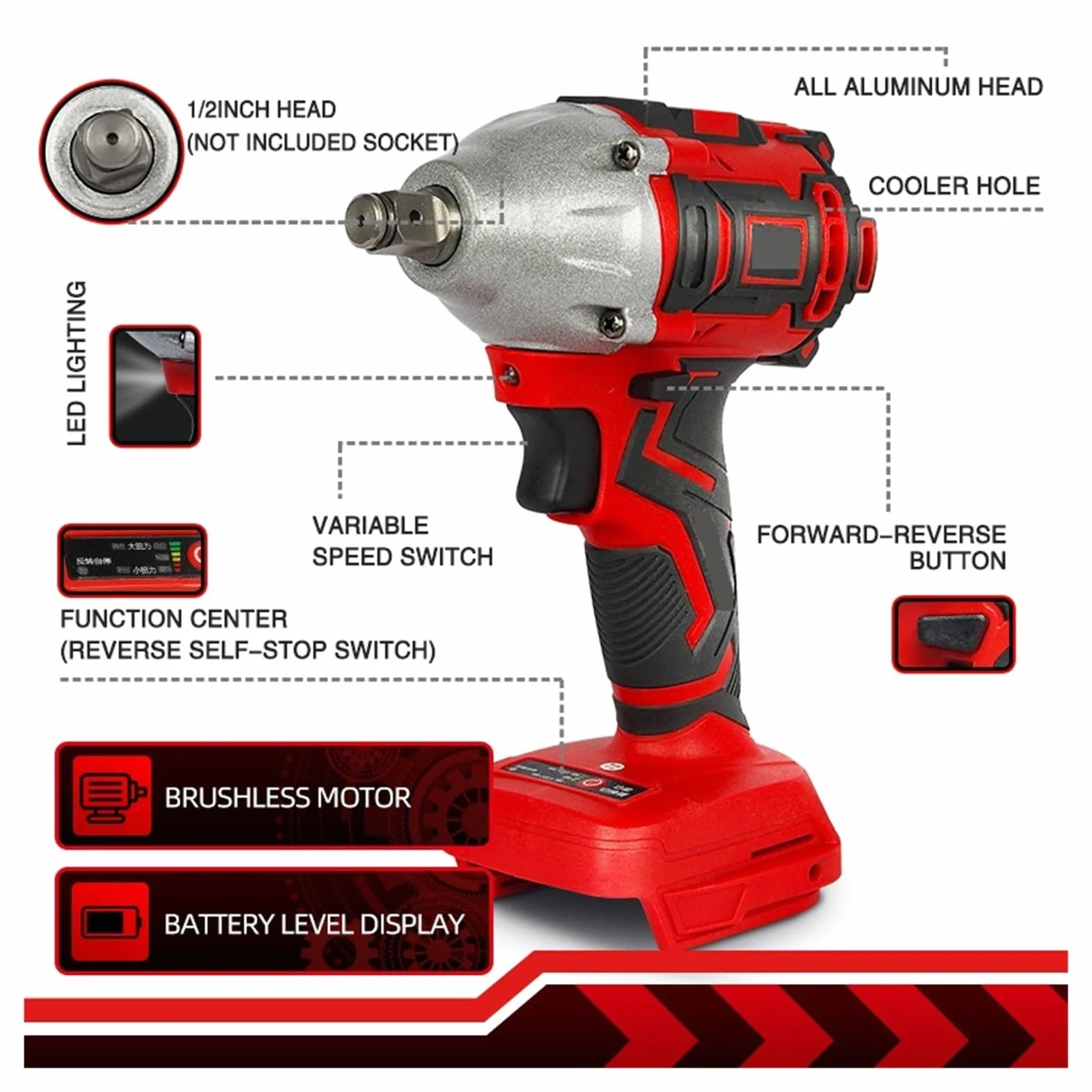 Wkrętarka Udarowa Bezszczotkowy Elektryczny Klucz Udarowy Akumulatorowy Klucz Udarowy 1/2 Cala Elektronarzędzia Kompatybilne Z Akumulatorem 18 V(Red)