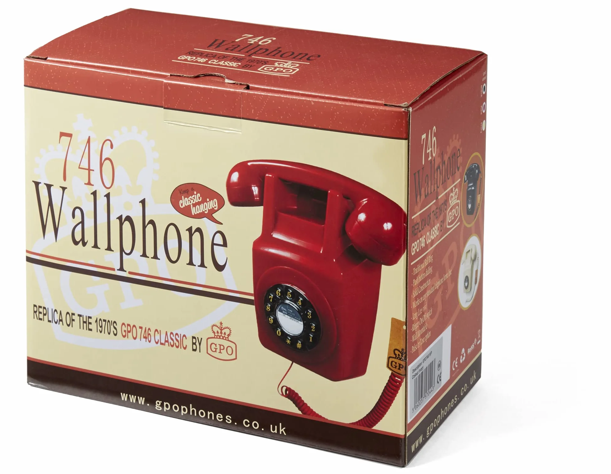 GPO 746WALL Retro telefon stacjonarny na ścianę, czerwony, z autentycznym dzwonkiem