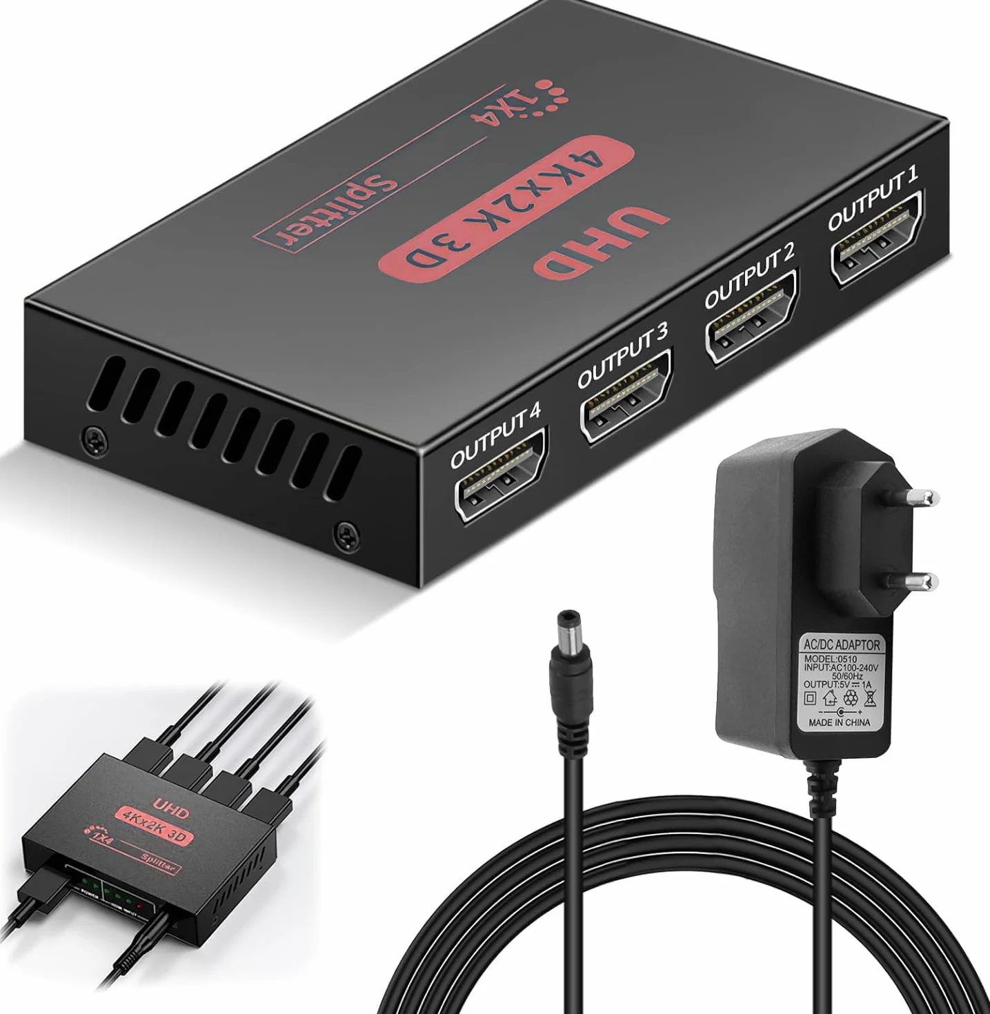 4K Rozdzielacz HDMI 1 W 4 Out, rozdzielacz HDMI 1x4, przełącznik duplikator, dystrybutor audio wideo obsługuje 3D, HDCP, 4K przy 30 Hz, długa transmisja, do TV, PS4, Xbox, Blu-ray, projektora i