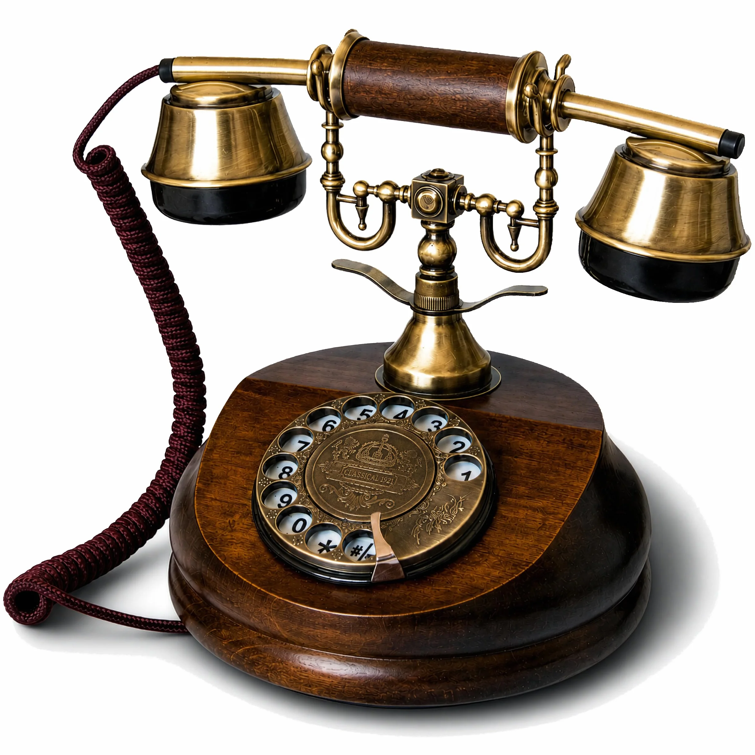 Retro telefon drewniany metalowy Model A z obrotową tarczą i dzwonkiem