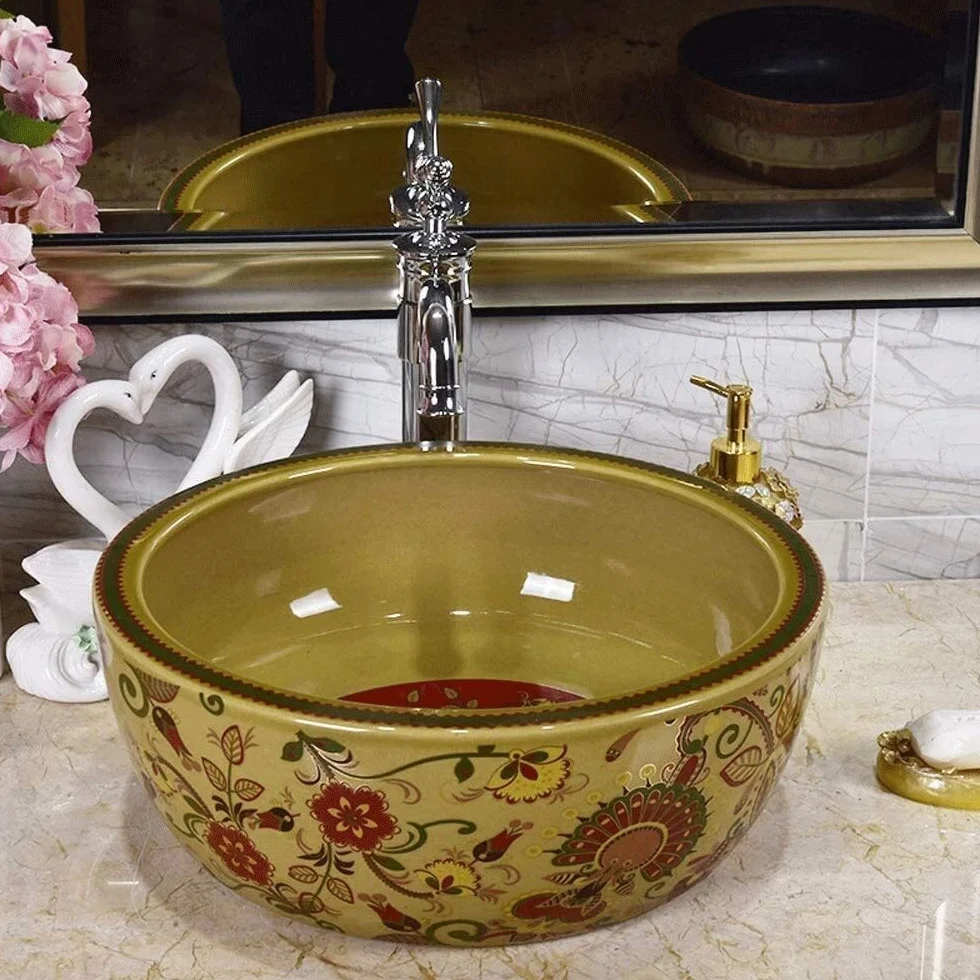 Szafka Pod Umywalkę Z Umywalką, Umywalka Łazienkowa Nablatowa, Okrągła Ceramiczna Umywalka Łazienkowa Nablatowa W Stylu Vintage, Porcelanowa Miska Nablatowa