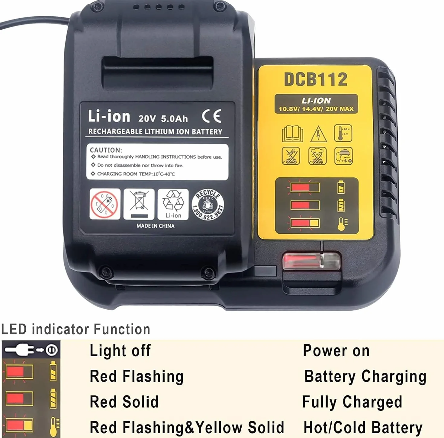 DCB112 Zapasowa ładowarka do ładowarki 20 V DCB101 DCB105 DCB115 DCB107, kompatybilna z akumulatorami litowo-jonowymi 12V i 20V/60V MAX DCB206 DCB204 DCB230 DCB240 DCB120 DCB126 DCB66 12 DCB; 609