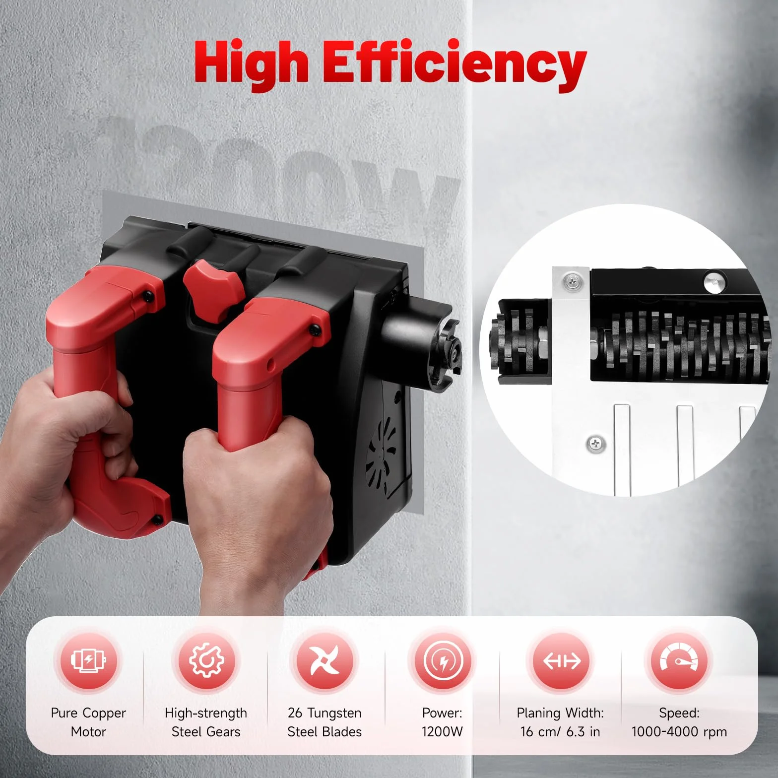 Strug ścienny i frezarka do betonu 1200 W, elektryczna – frezarka renowacyjna z regulacją głębokości roboczej 1-4 mm, 4000 obr./min – frezarka tynkowa, frezarka murarska w zestawie z 26 ostrzami do