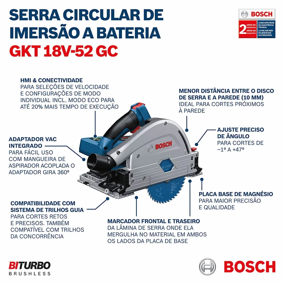 Bosch Professional system 18V: akumulatorowa zagłębiarka tarczowa BITURBO GKT 18V-52 GC (średnica tarczy pilarskiej 140 mm, 1 tarcza pilarska, worek na pył, 1 moduł Bluetooth, walizka L-BOXX)