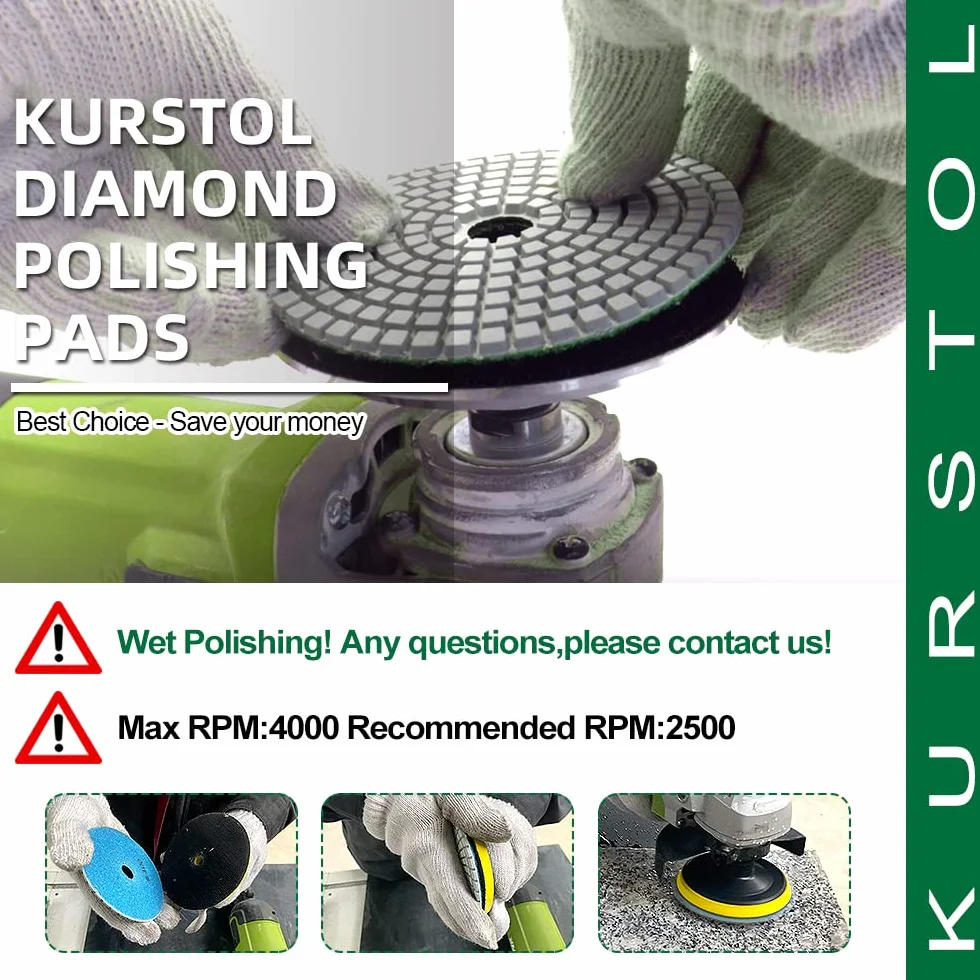 Diamond Polishing Pads Set - 10 szt. 100 mm Wet Countertop Polishing Pads + 1 szt. Plastic Body+ 1 szt. Adapter M14 Thread to Round Shank do granitu, kwarcu, marmuru