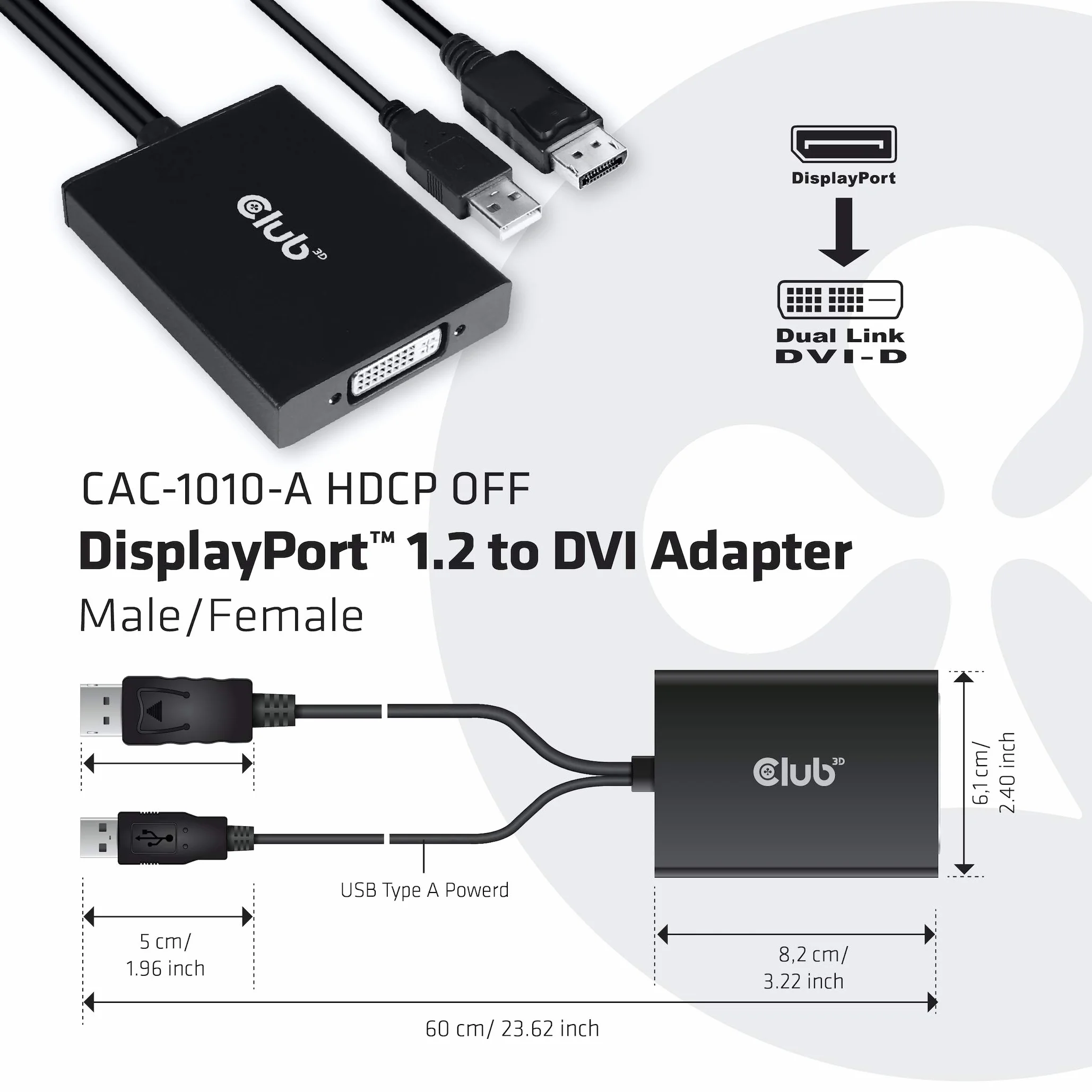 Club 3D Adapter DisplayPort do DVI-D Dual Link HDCP aktywny czarny