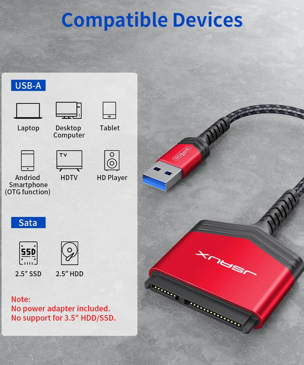 JSAUX Adapter SATA na USB 3.0, kabel USB do SATA III do 2,5" dysk twardy Nylon - czerwony