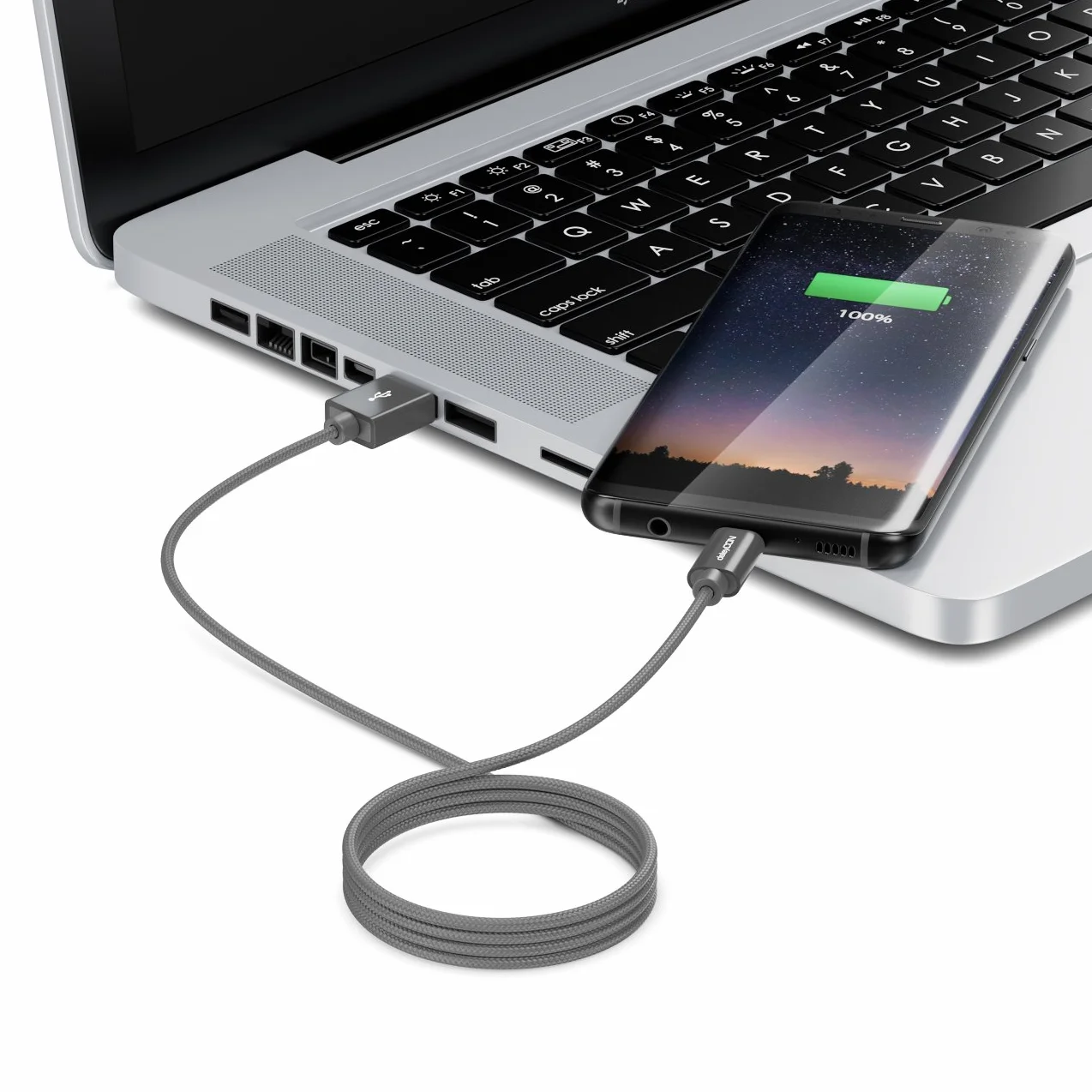 deleyCON Micro USB Kabel 3,0m Nylon Metalowe Wtyki Ładowania Przewód Danych Szary