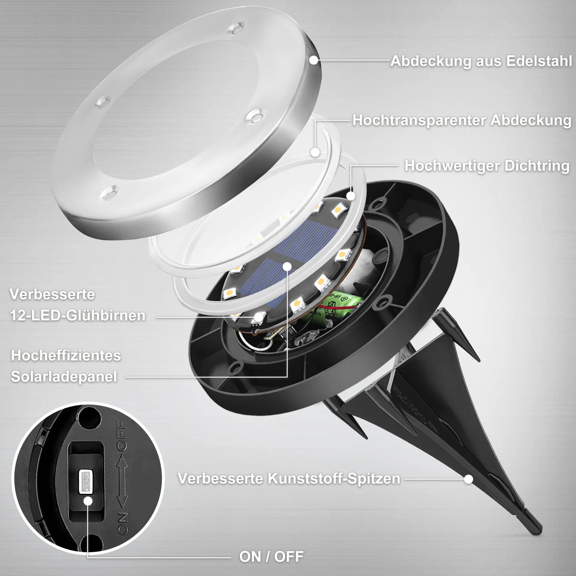 Solpex Zestaw 8 sztuk solarnych lamp gruntowych do ogrodu, 12 diod LED, białe, ze stali nierdzewnej, wodoszczelne, na taras, trawnik, podwórko, chodnik