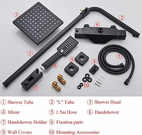 Bateria Łazienkowa Czarna Deszczownica Termostatyczna Bateria Wannowa Montowana Na Ścianie Bateria Prysznicowa Bateria Natryskowa Zestaw Prysznicowy, Termostatyczna Chro,Thermostatic Black a