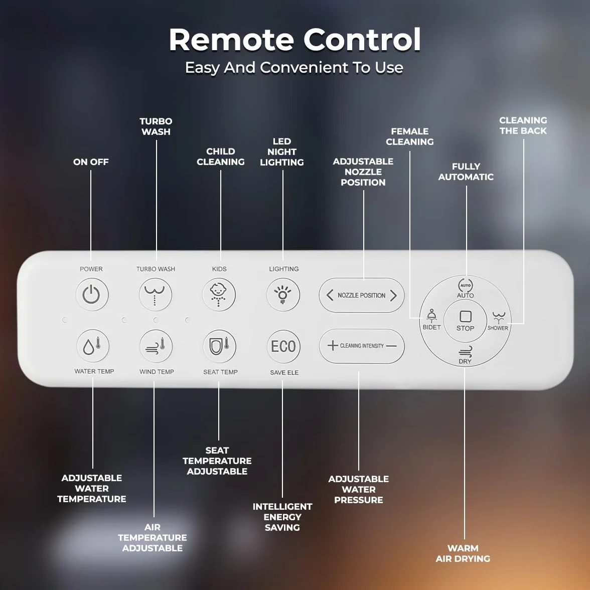 GenieBidet Elektryczny podgrzewany inteligentny bidet, nieograniczona ciepła woda, samooczyszczające się, podgrzewane siedzenie, wydłużone, bezprzewodowy pilot zdalnego sterowania, wygodna lampka