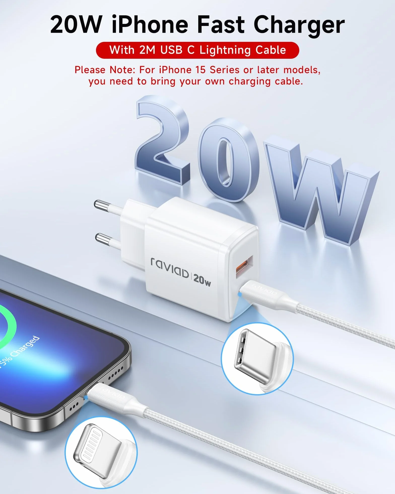 RAVIAD Ładowarka 20W Kabel USB-C na Lightning 2M MFi do iPhone 14 Pro Max 13 Plus 12 11 SE X iPad