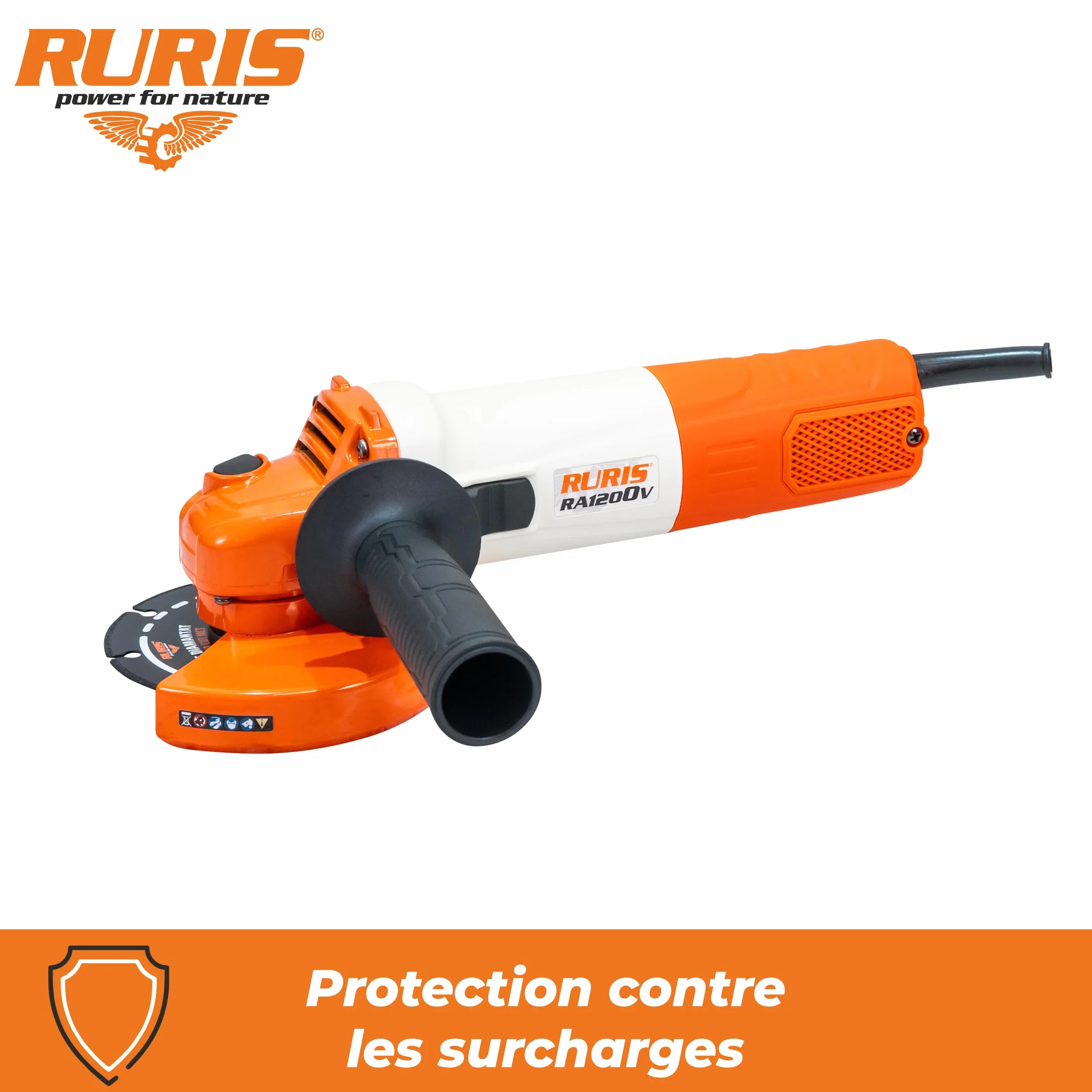 RURIS RA1200V elektryczna szlifierka kątowa 1200 W, tarcza 125 mm, zmienna prędkość, 3000-11000 obr./min, system Power Off, uniwersalne narzędzie do cięcia i szlifowania metalu, betonu, kamienia