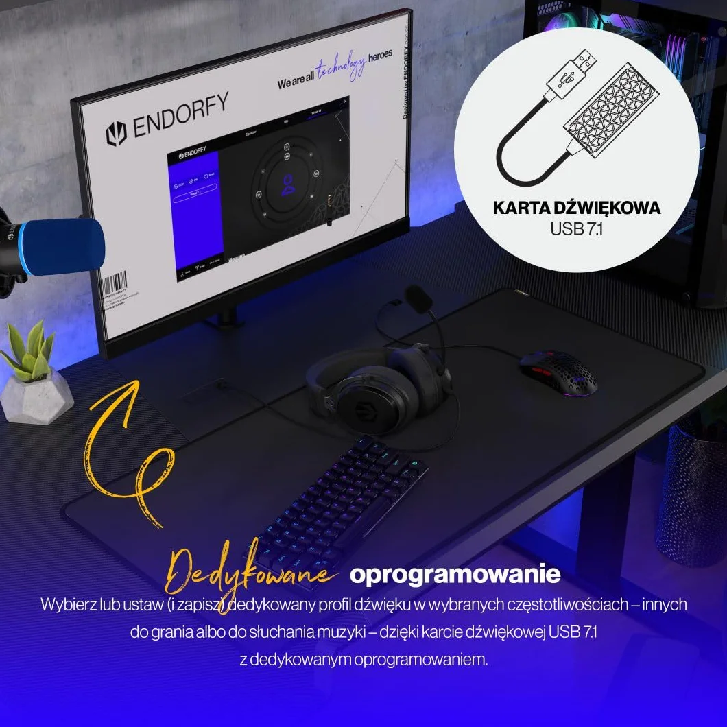 ENDORFY Viro Plus USB słuchawki gamingowe 7.1 53 mm odpinany mikrofon pop filtr karta dźwiękowa USB memory foam