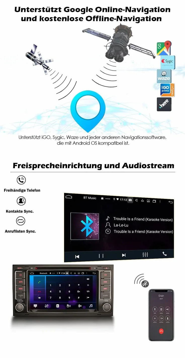 erisin 7-calowe radio samochodowe z systemem Android 12 do VW Touareg T5 Multivan GPS Navi Carplay Android Auto DSP Bluetooth WiFi 4G DAB+ TPMS Touch Screen CD/DVD A2DP SWC Car Radio 4 GB RAM + 64 GB