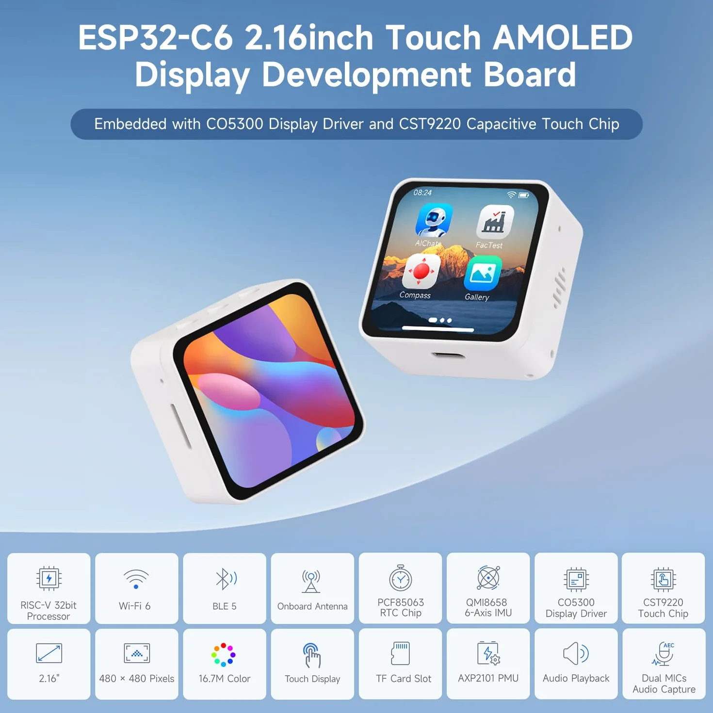 Waveshare ESP32-C6 2.16inch AMOLED Display Touch Screen Development Board 480x480 16.7M Color Wi-Fi 6 BLE 5
