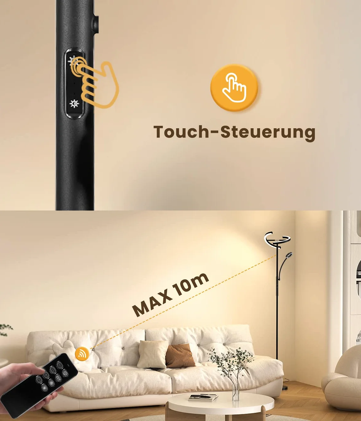 ANTENLICHT KAKA ściemnialna lampa stojąca LED, czarna 20 W z nowoczesną, elastyczną lampą do czytania 7 W, z pilotem zdalnego sterowania 1500 lm, 4 temperatury barwowe do salonu, sypialni