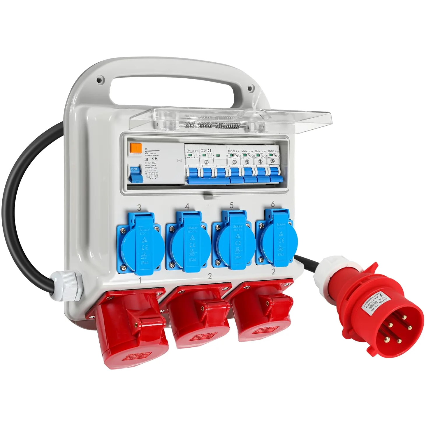 Rozdzielacz ścienny, 2 x CEE 400 V/16 A + 4 x 230 V Schuko IP44 5-biegunowy rozdzielacz na plac budowy 32 A, z bezpieczną pokrywą składaną, z przełącznikiem RCB, z przewodem doprowadzającym