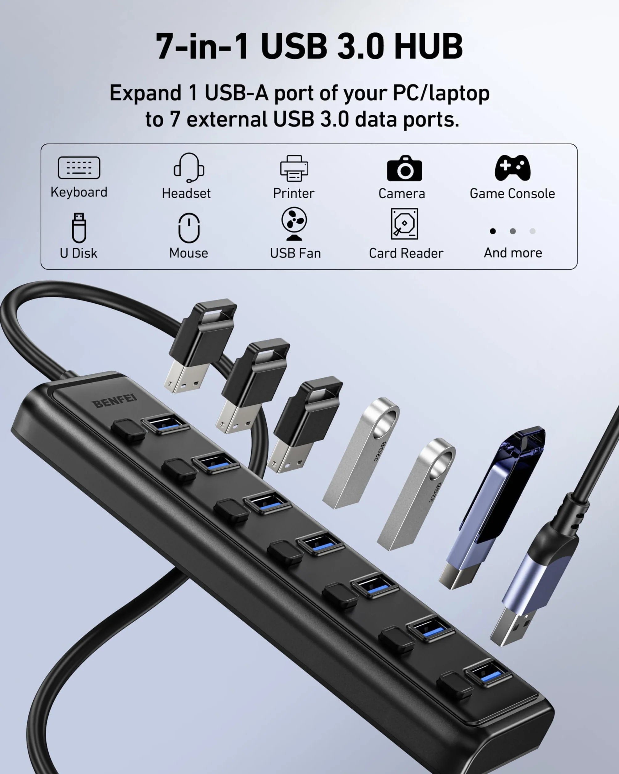BENFEI Hub USB 3.0 7-portowy, ultracienki przenośny rozdzielacz USB 1 m, kompatybilny z MacBook, Surface Pro, PC