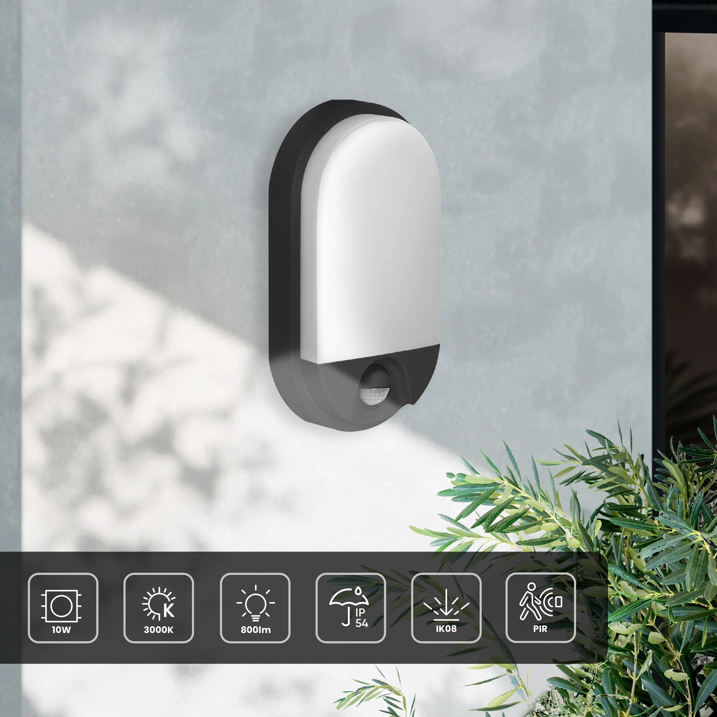 Lampa Zewnętrzna LED z Czujnikiem Ruchu PIR Zasięg 9m Barwa Ciepła Biel 3000K 10W 800lm Kinkiet Zewnętrzny Ogród Taras Balkon IP54
