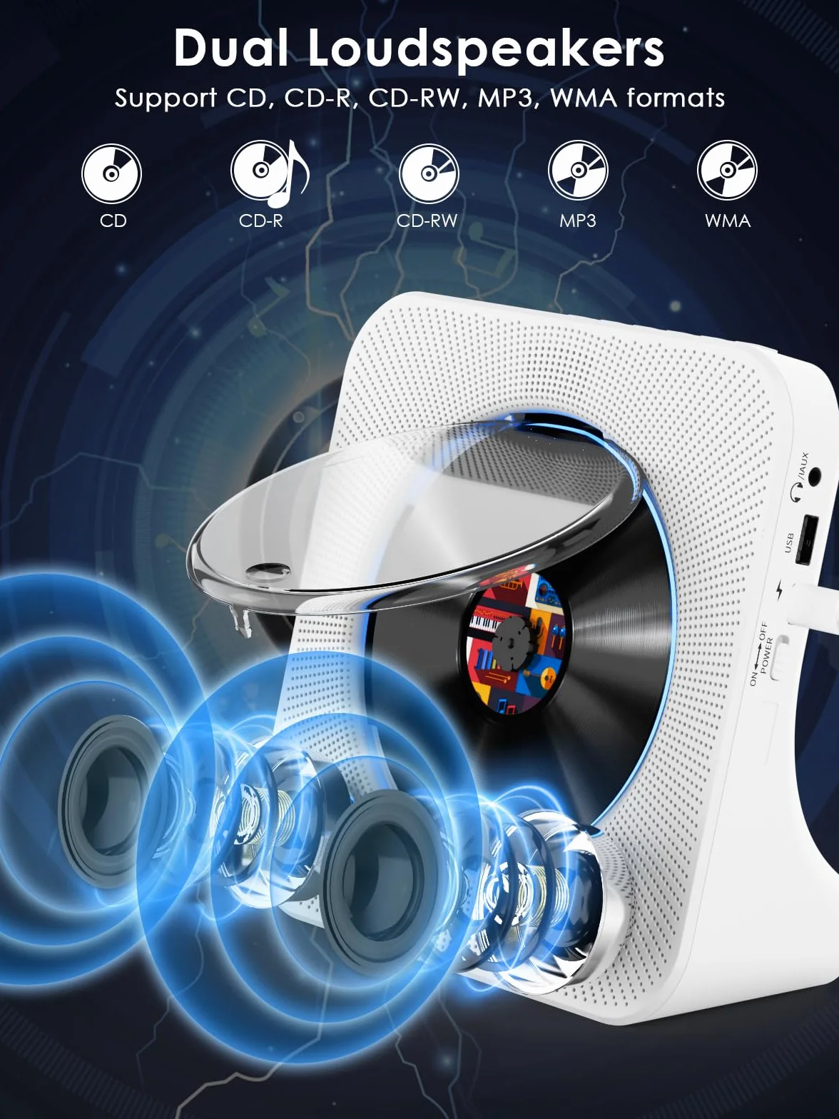 Gueray Odtwarzacz CD Bluetooth stacjonarny z radiem FM, USB-C, głośnikami HiFi i wyświetlaczem LCD