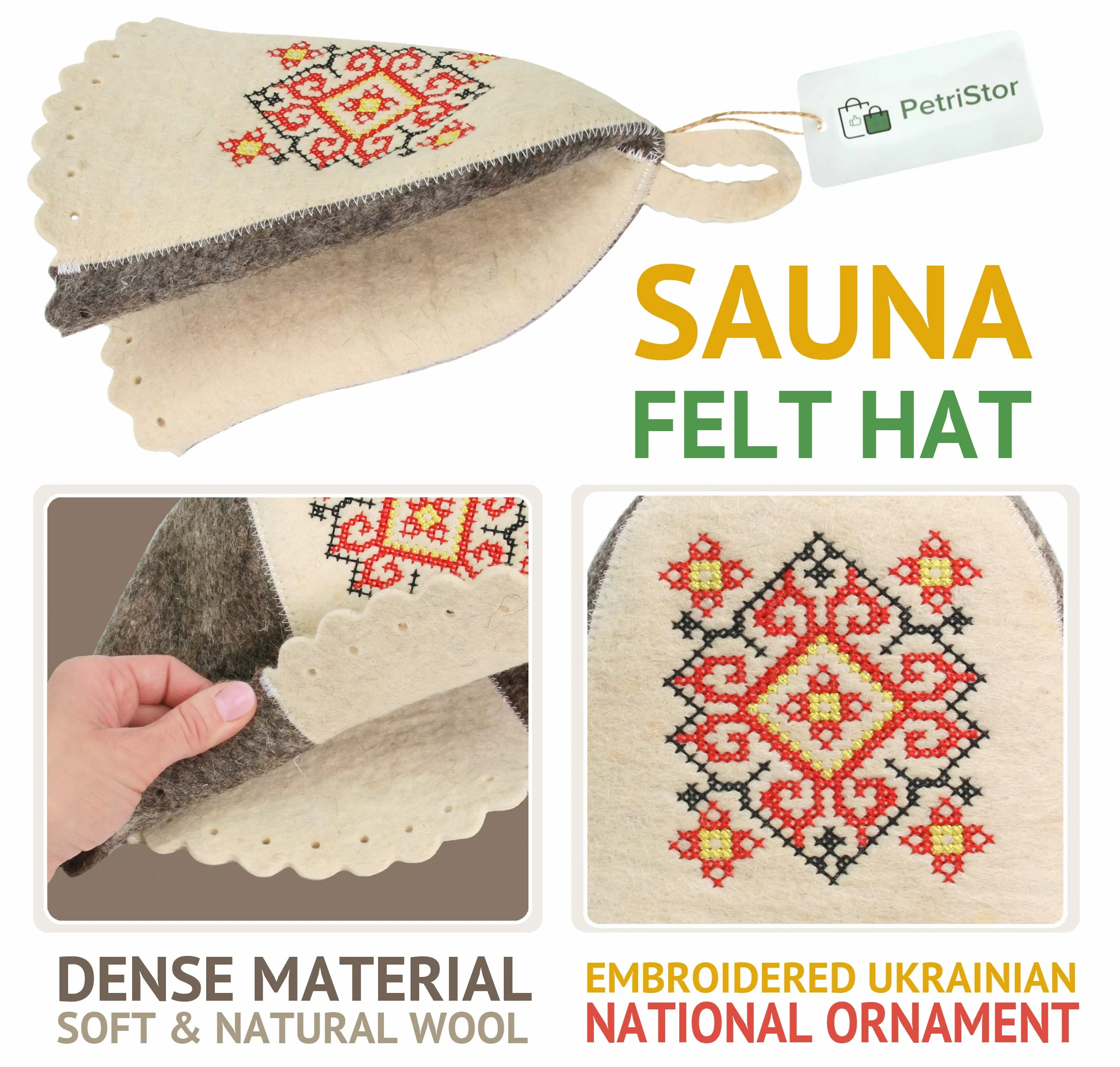 PetriStor Kapelusz do sauny ukraiński ornament kapelusz do łaźni/waporarium dla mężczyzny/kobiety naturalny filc