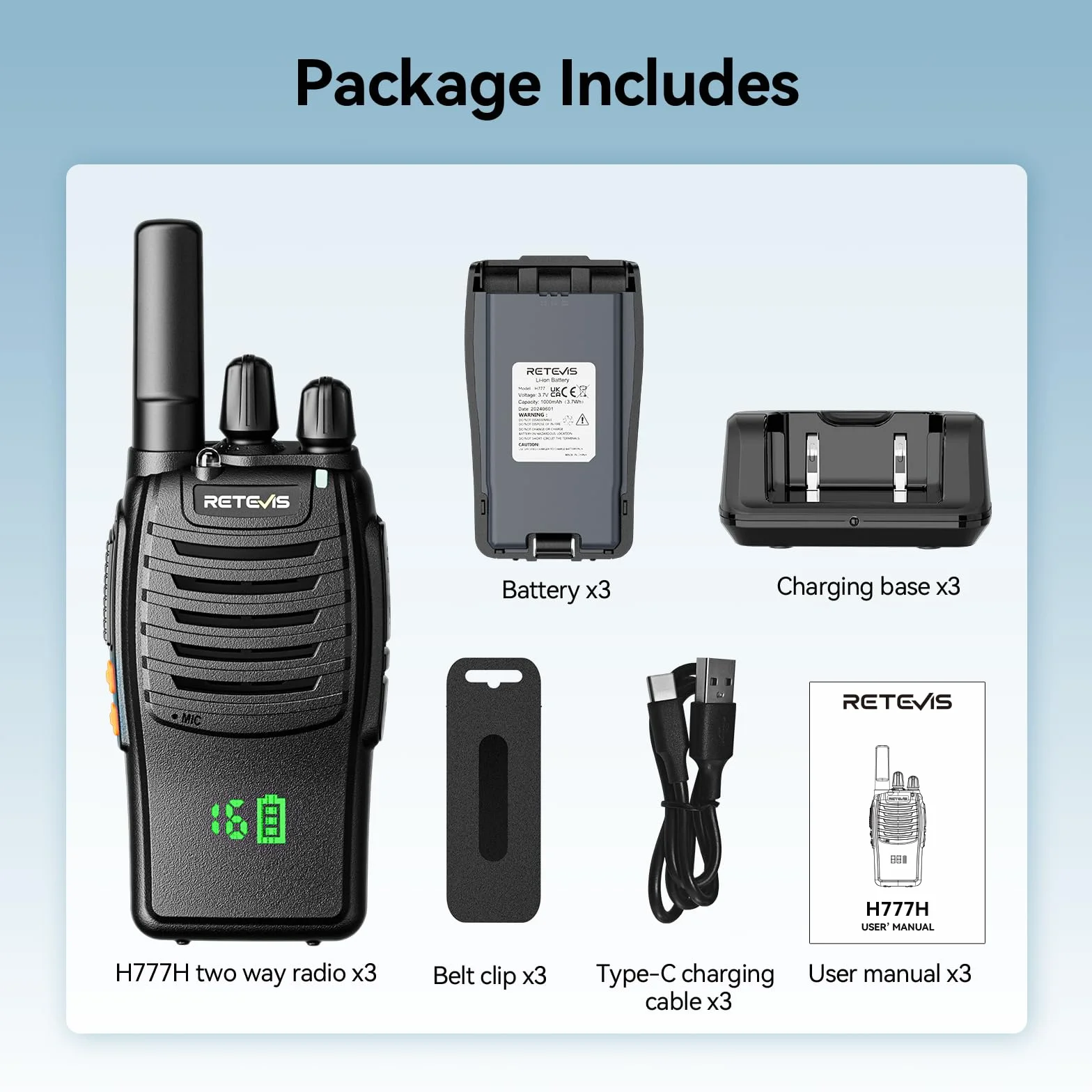 Retevis H777H Walkie Talkie PMR446 2-Kierunkowe Radio bez Licencji, 16 kanałów, VOX, LED, 3 Szt.