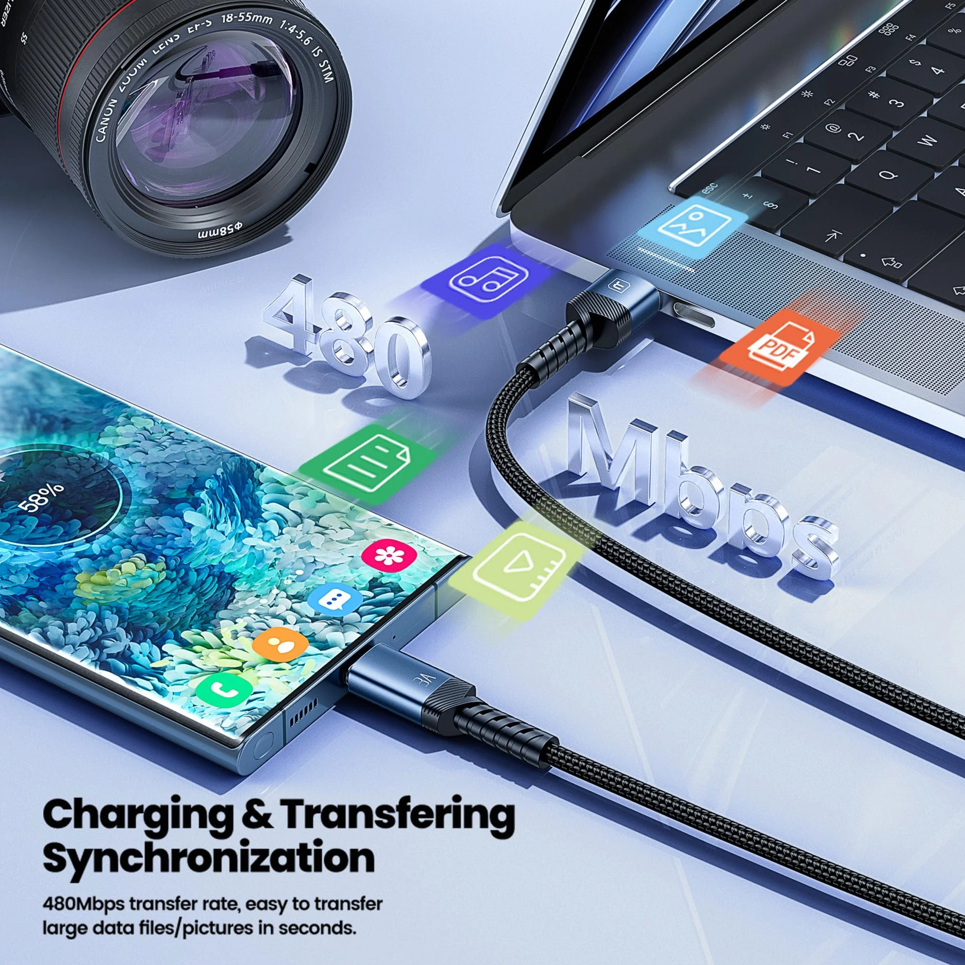 toocki Kabel USB C 3 A do szybkiego ładowania 2 m, 480 Mbit/s transmisja danych, USB-A na USB-C z inteligentnym chipem, kompatybilny z iPhone 15 / Samsung S23/S22/Huawei/Xiaomi – niebieski