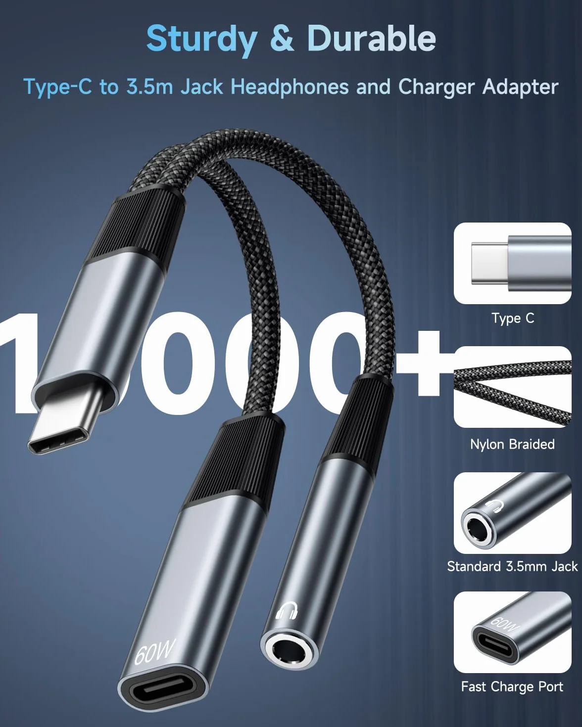 Adapter słuchawkowy i ładowarka USB C do 3,5 mm, adapter słuchawkowy Aux Audio typu C z kablem do szybkiego ładowania PD 60 W dla iPhone'a 17 16 15, iPada Air/Pro, Galaxy S25 S24 S23 S22, Pixel