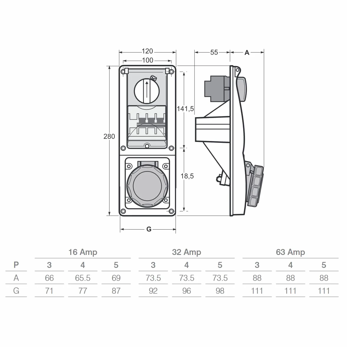 Pionowe gniazdo blokujące z wyłącznikiem przełącznika, podtynkowe, 220 V, 230 V, 3-biegunowe 2P+T, 63A, IP67 do użytku wewnątrz na zewnątrz