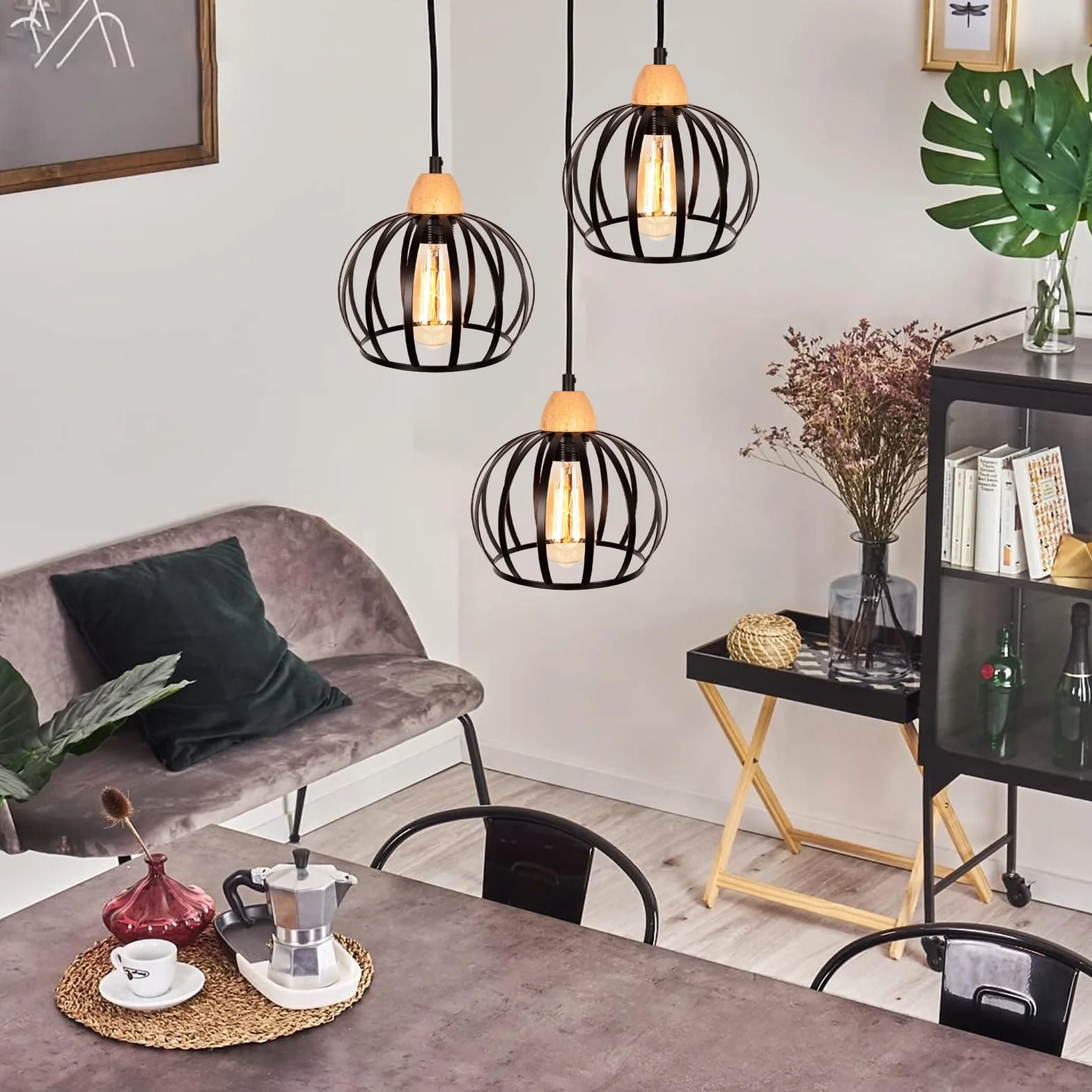 iDEGU 3 Światła Nowoczesny żyrandol wiszący 20 cm Vintage Drewniane i metalowe lampy sufitowe Projekt klatki Lampa wisząca do sypialni salonu kuchni restauracji (okrągła, czarna)