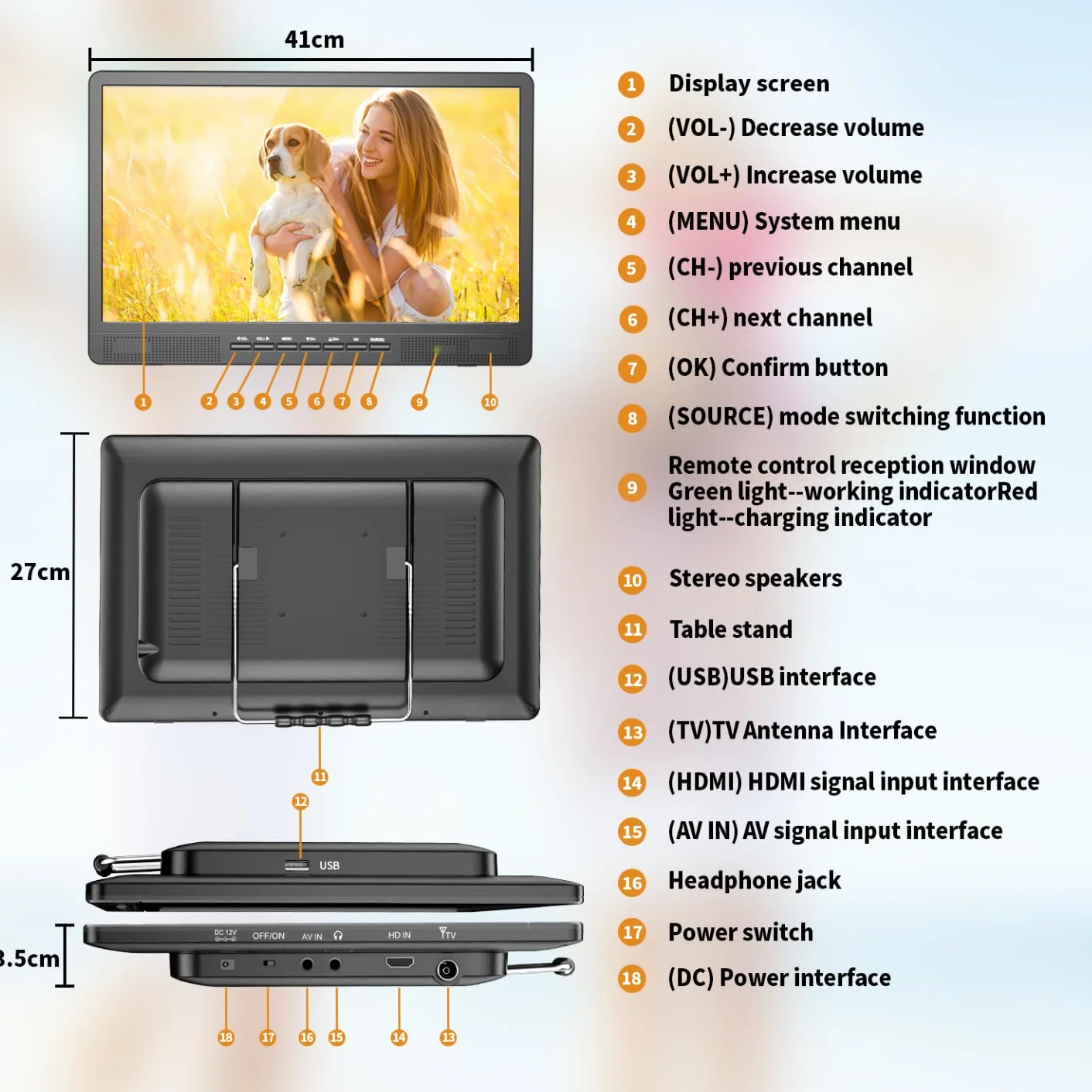 Desobry Przenośny telewizor 18 Mini LCD TV DVB/T2 HD 1080P 12V