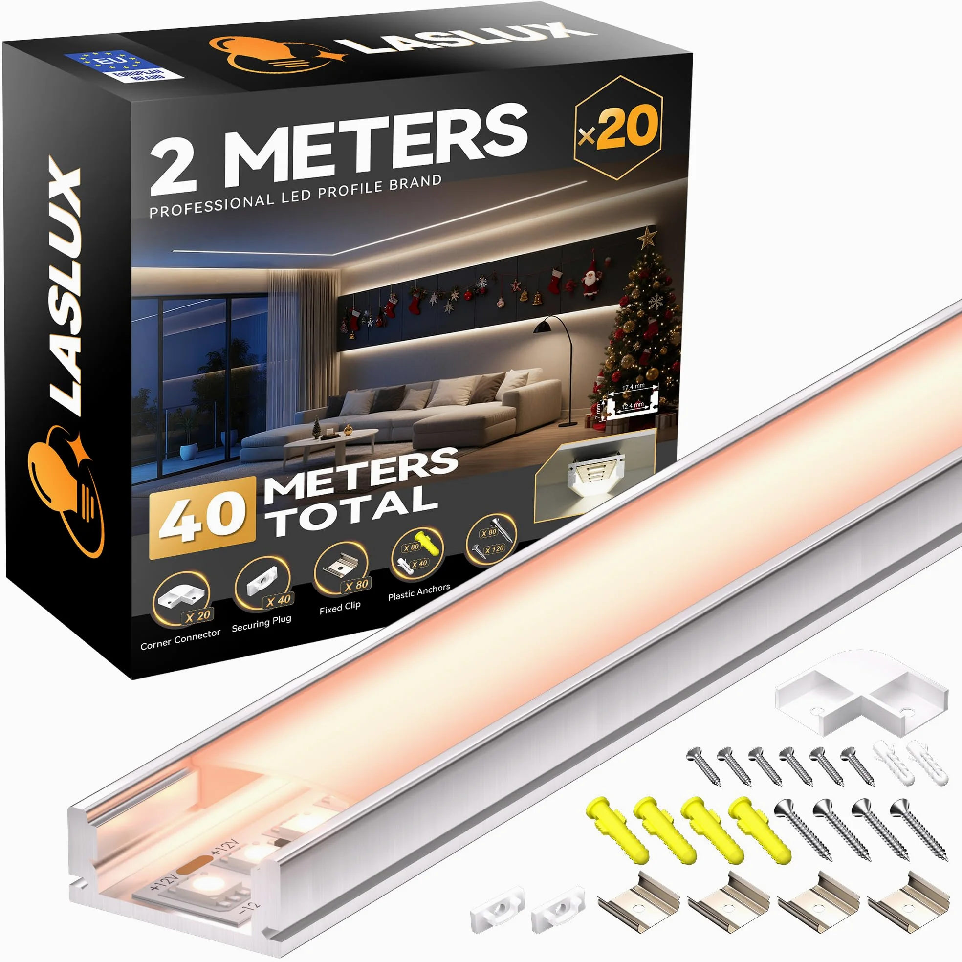 Aluminiowa szyna LED z dyfuzorem rynnowym i profilem Alu, do taśmy LED, profil U, dla łatwej instalacji, osłona uchwytu LED (17,4 × 7 mm U, 20 × 2 metr)