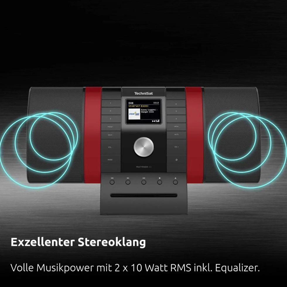 TechniSat MULTYRADIO 4.0 - radio internetowe (WLAN, DAB+, UKW, Spotify, Bluetooth, odtwarzacz CD, USB, kolorowy wyświetlacz, streaming muzyki, 2 x 10 W głośniki stereo) czarne/czerwone