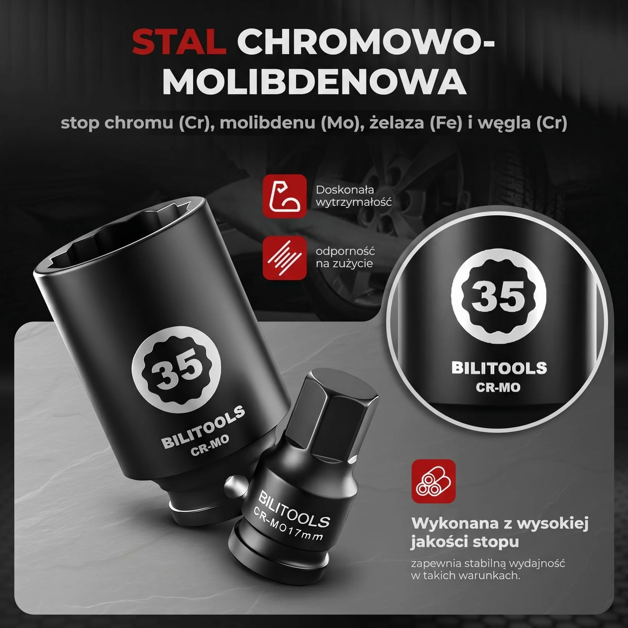 BILITOOLS Zestaw nasadek udarowych wrzeciona 1/2" | 12-punktowy | CR-MO | 14-17 - 19-30 - 32-34 - 35-36 mm
