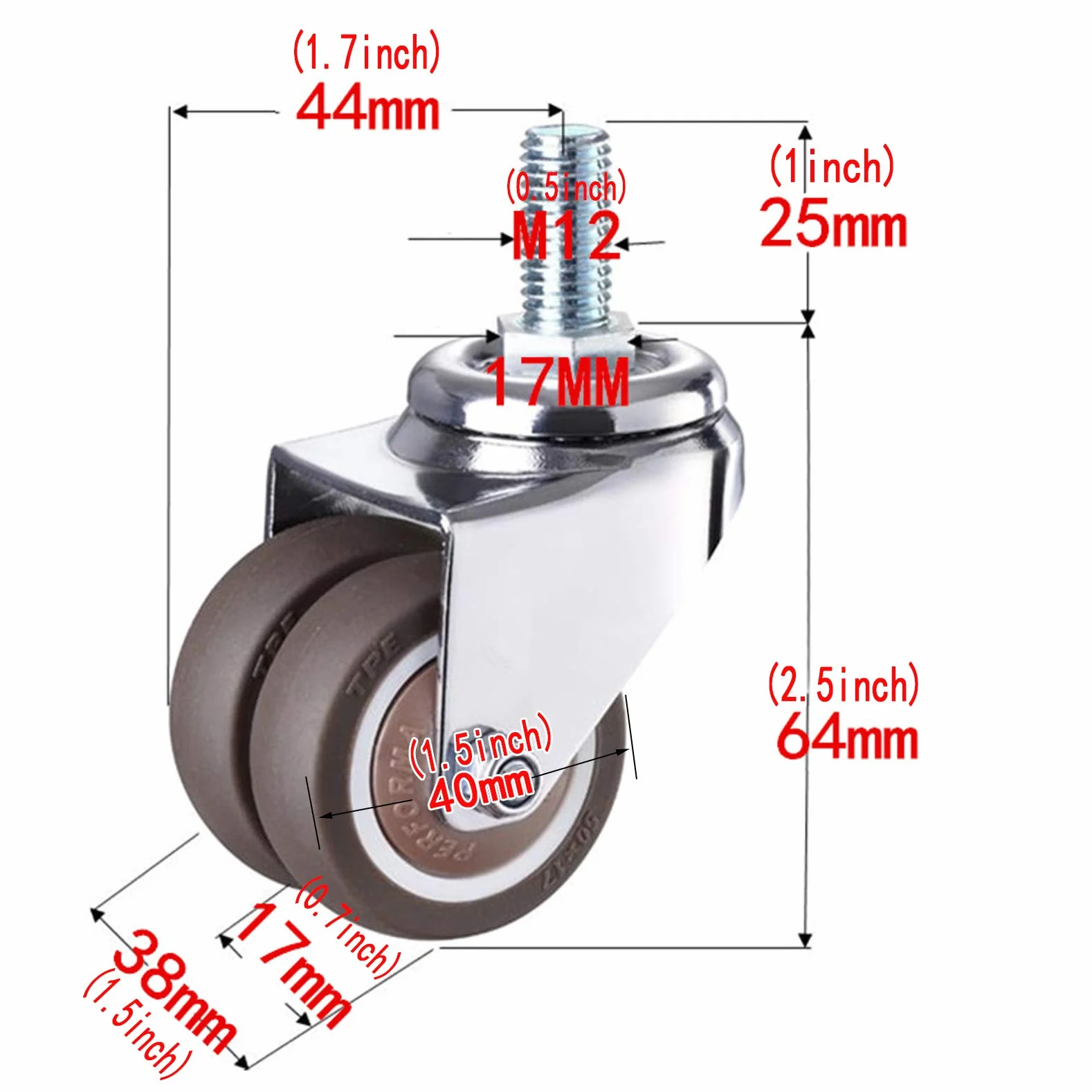Zestaw 4 wytrzymałych kółek skrętnych z hamulcem gumowym do mebli z gwintem M12 x 25 mm, idealne do wózków typu "zrób to sam", z obrotową głowicą z podwójnym łożyskiem kulkowym