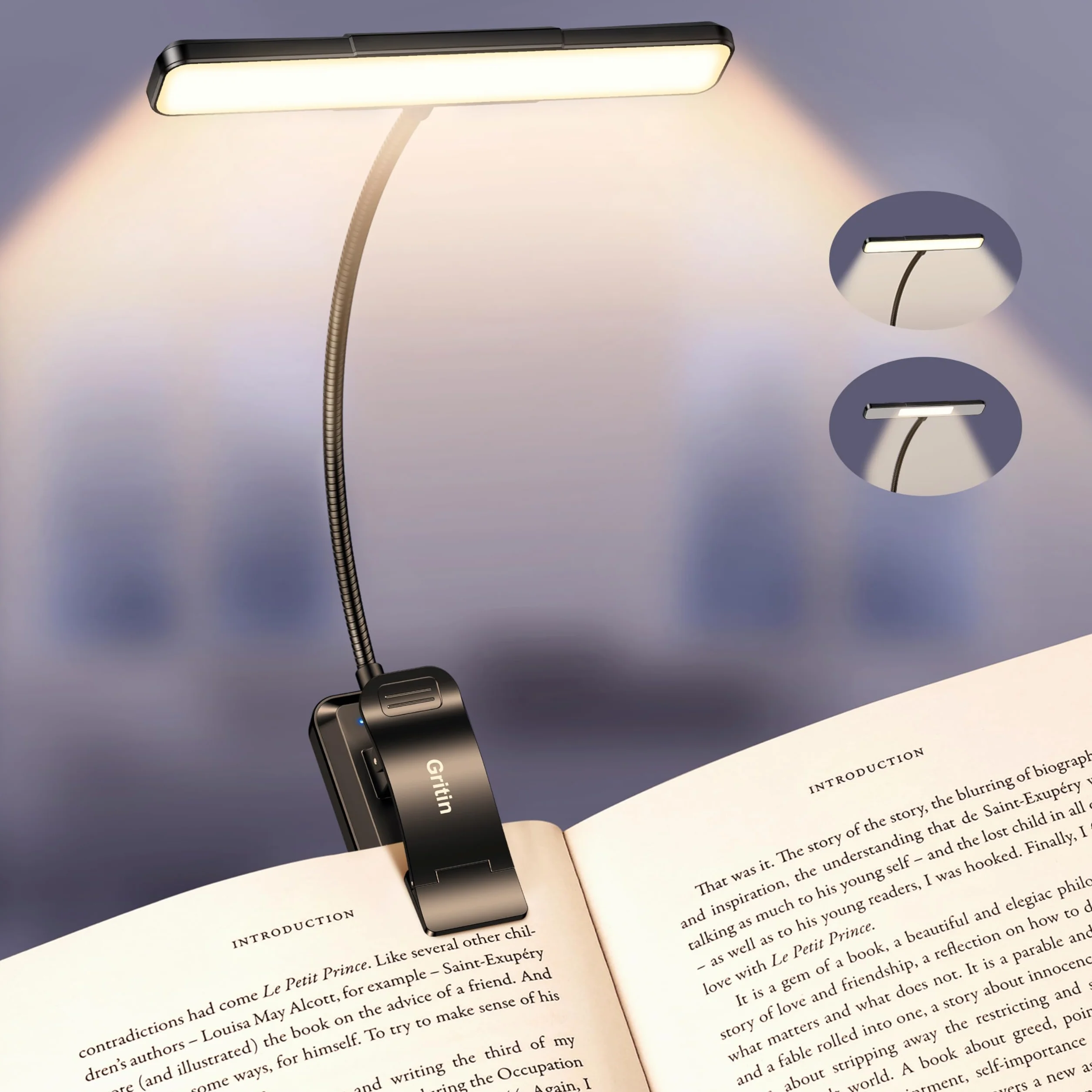 Gritin Lampa do Czytania 32 LED, Płynnie ściemnialna, 5 Poziomów Jasności i 5 Temperatur Barwowych, Lampa Zaciskowa z 2 Trybami Świecenia, 360° Elastyczna dla Czytelników