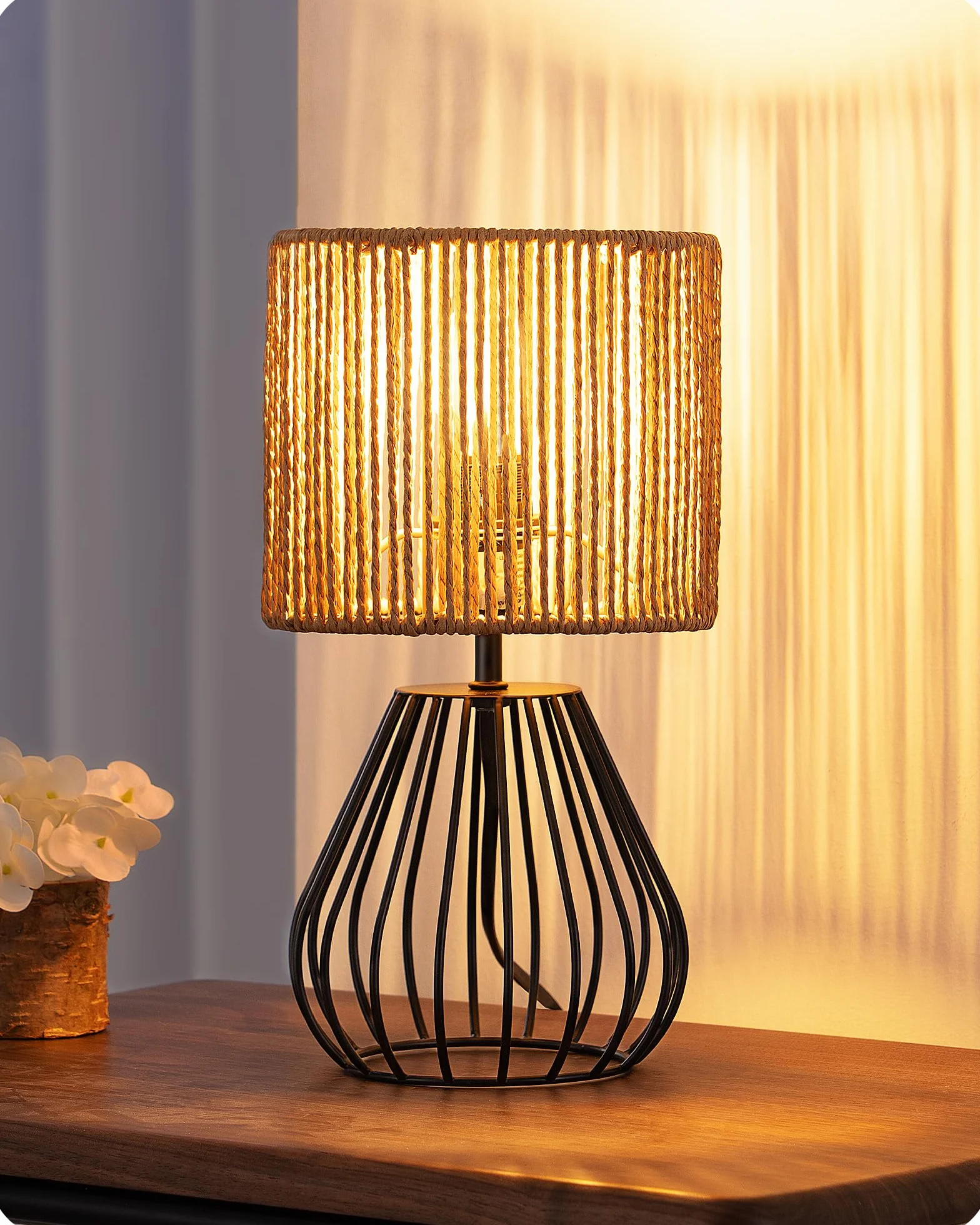 EDISHINE Lampka stołowa do salonu, boho z tkanego płótna papierowego, o wyglądzie metalowej siatki, E14, lampka nocna vintage, 29 cm, z żarówką LED 4 W, czarna
