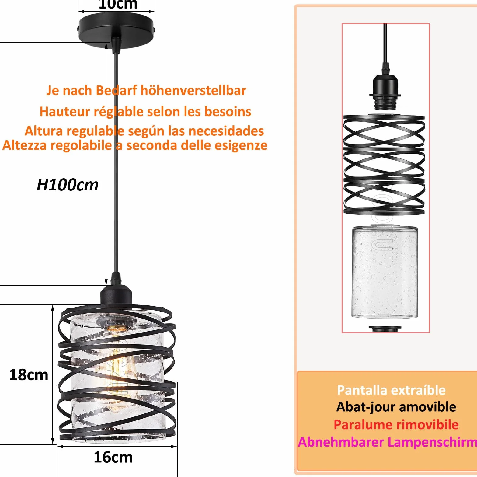 Zestaw 2 przemysłowych żyrandoli wiszących w stylu retro, vintage, metalowa lampa sufitowa E27 ze szklanym abażurem do sypialni, restauracji, salonu (2-klosz z przezroczystego szkła - A)