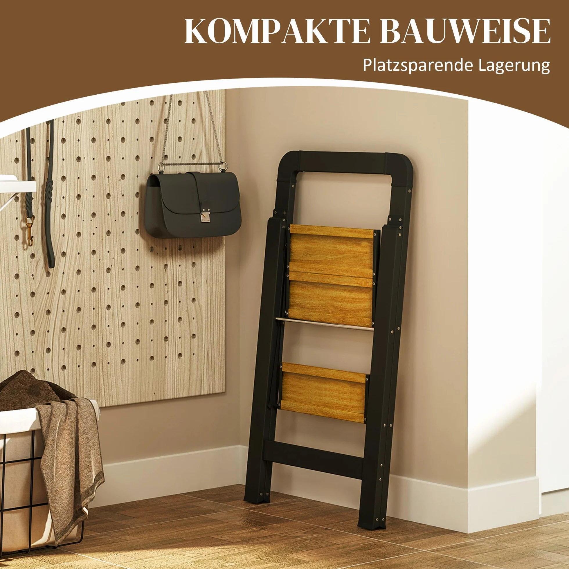 HOMCOM Drabina składana z 2 stopniami, drabina stojąca z uchwytem, antypoślizgowa platforma, obciążenie do 150 kg, aluminium, czarna, 44,5 x 48 x 86,3 cm