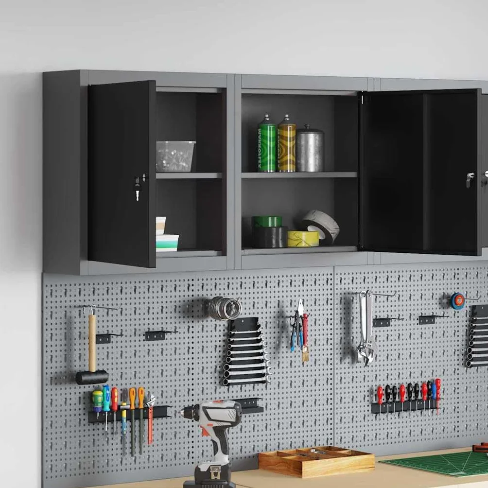 Szafka narzędziowa ze stali i materiału drewnopochodnego, czarna i szara, 50 x 20 x 55 cm, z regulowanym regałem i zamkiem na kamerę, do warsztatu, garażu, wózka warsztatowego, system