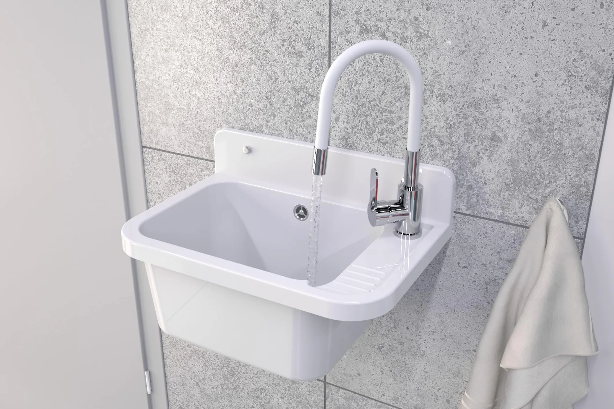 Granitan Umywalka do garażu, piwnicy, warsztatu i pralni – uniwersalne koryto z syfonem – umywalka do montażu na ścianie – 50 x 34 x 31 cm (biała + armatura umywalkowa FLEX)