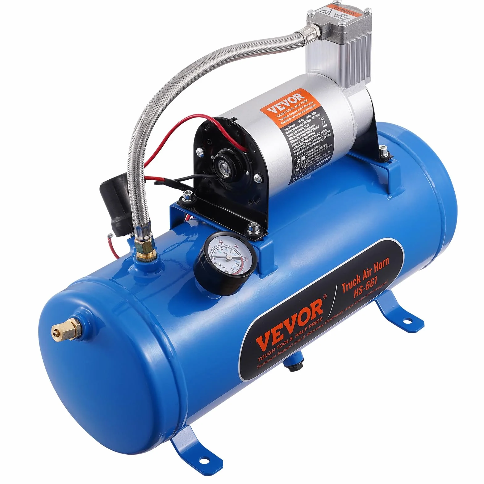 VEVOR Zughorn sprężarka powietrza ze zbiornikiem 6 l, 12 V, zestaw kompresorów powietrza 90-120 psi, zintegrowany system sprężarki powietrza do pompowania opon, ciężarówek, SUV-ów itd. Niebieski