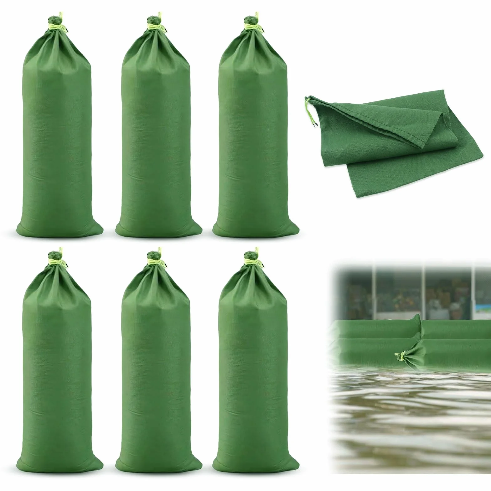 6 sztuk worków na piasek, 70 x 30 cm, ochrona przeciwpowodziowa, ze sznurowaniem, worki na piasek wielokrotnego użytku do napełniania, worek z piaskiem silosowym do garażu i piwnicy