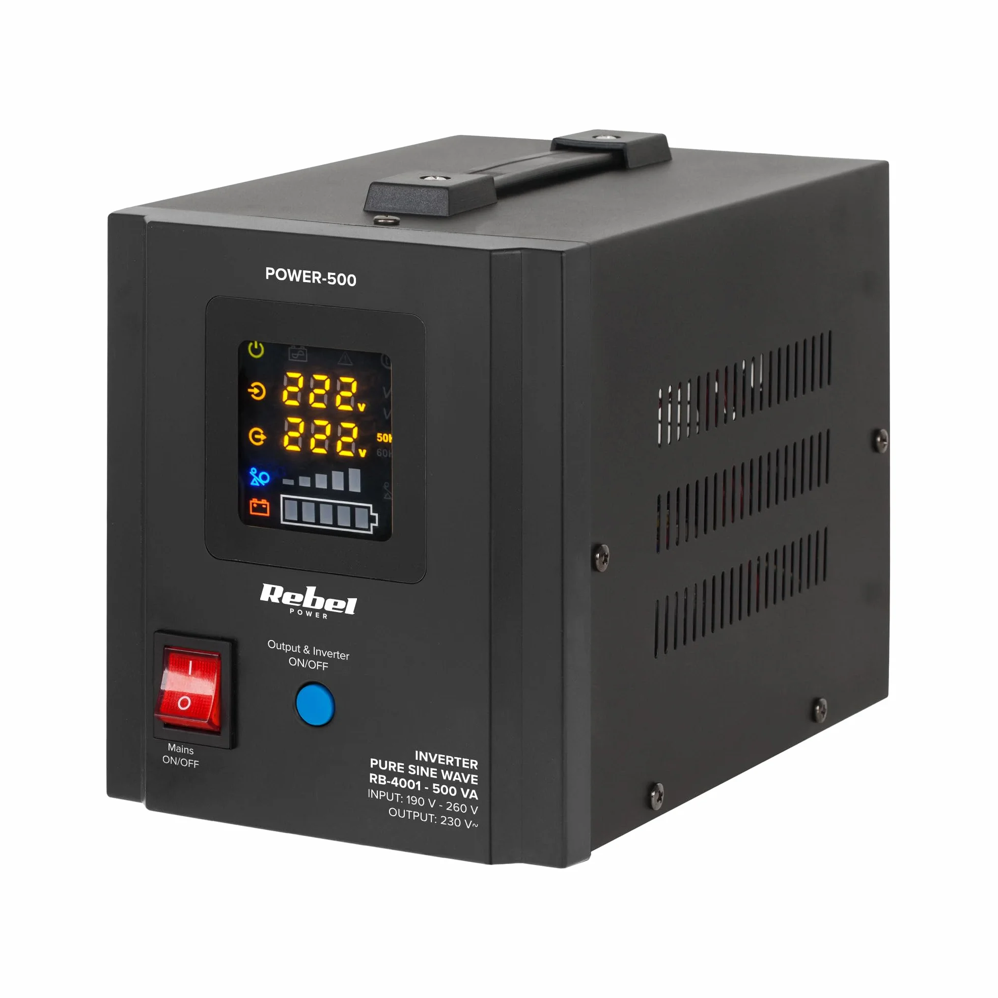 Zasilacz Awaryjny Rebel POWER-500 przetwornica z czystym przebiegiem sinusoidalnym i funkcją ładowania 12V 230V 500VA/300W RB-4001